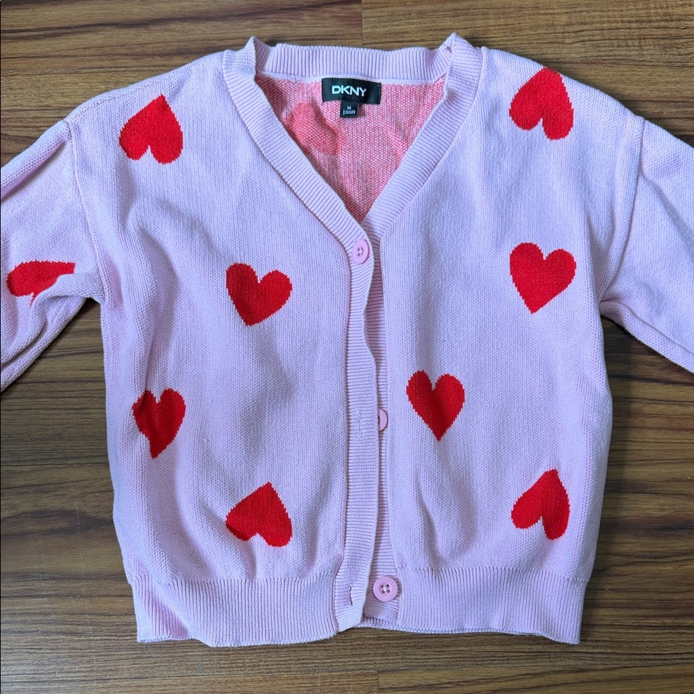 DKNY Pink Cardigan with Red Heart Design
